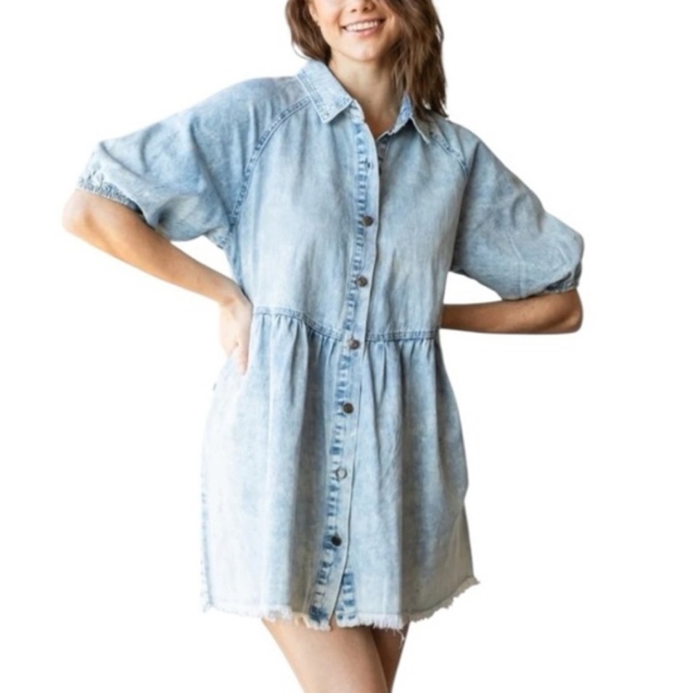 VEVERET Babydoll Peasant Boho Raw Hem Pockets Puff Sleeves Denim Mini Dress M
